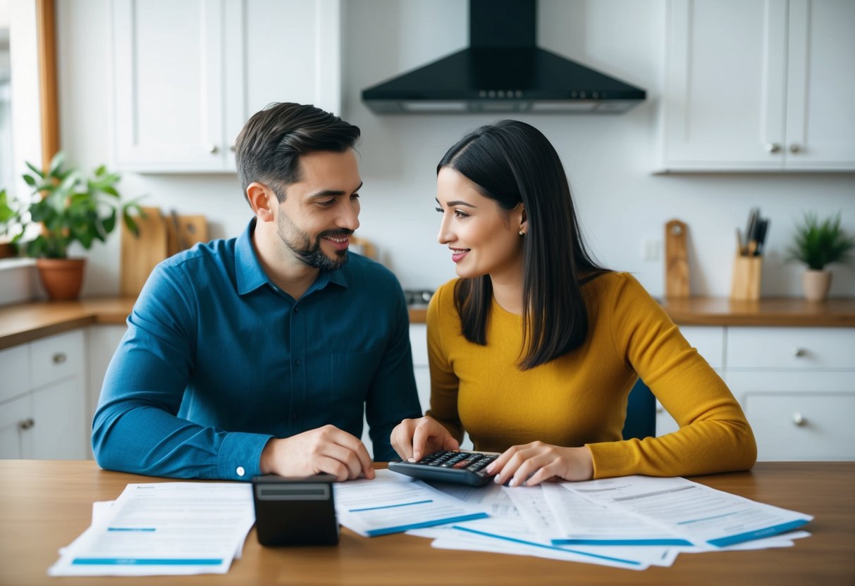 A couple sitting at a kitchen table, surrounded by tax forms and calculator, discussing their finances