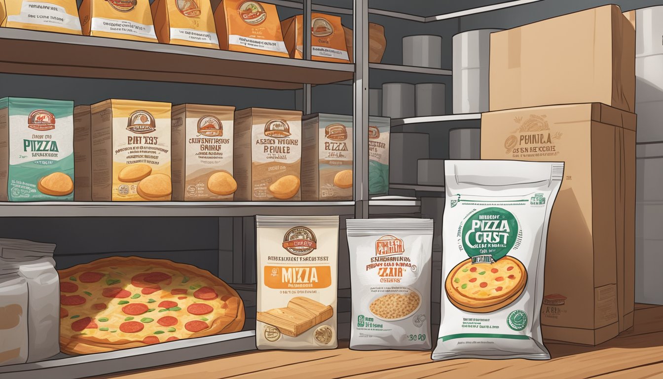 A sealed bag of pizza crust mix sits on a pantry shelf, surrounded by other dry goods. The expiration date on the package has passed