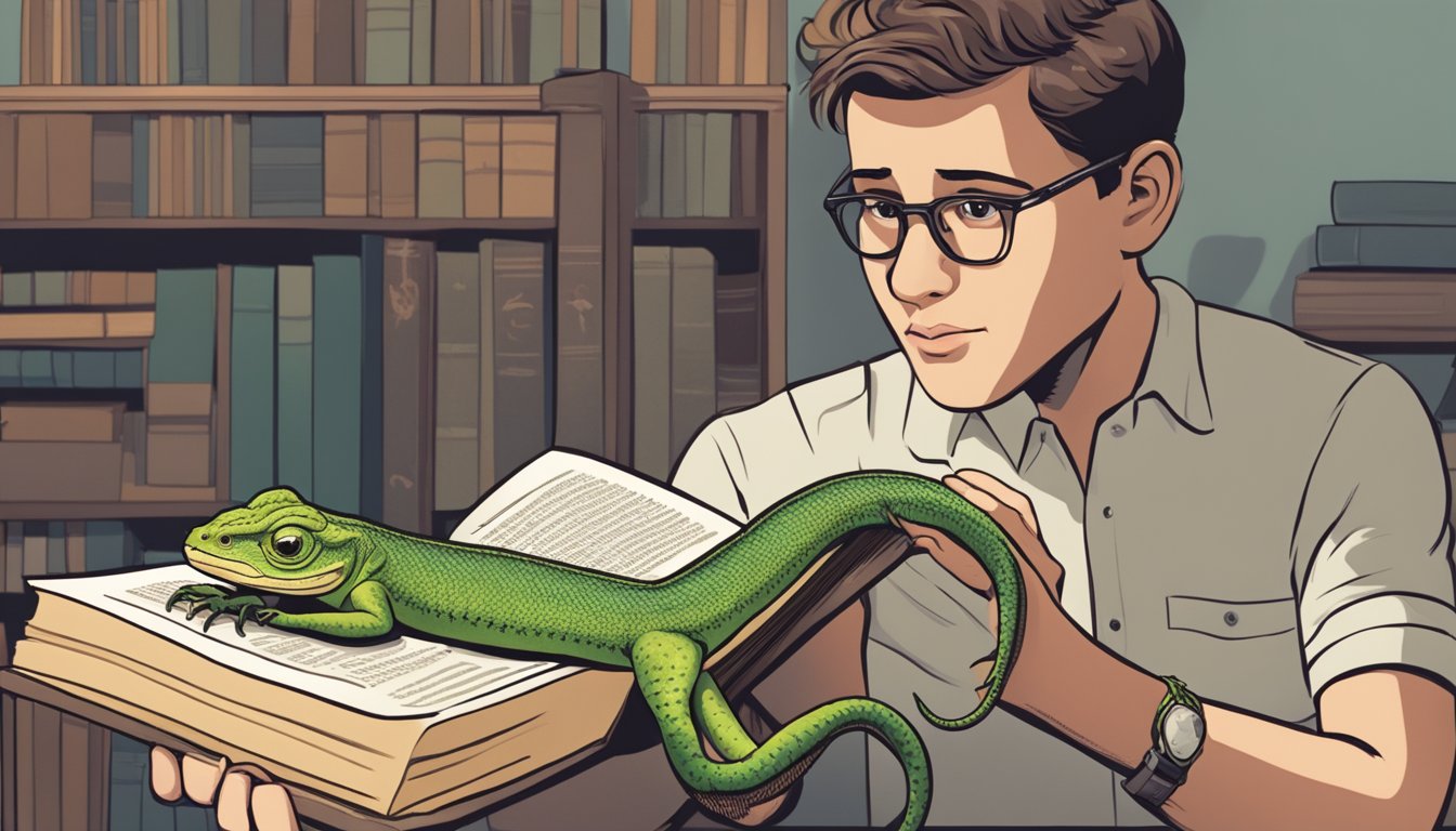 A person holding a lizard while looking at a book about reptiles, with a concerned expression on their face