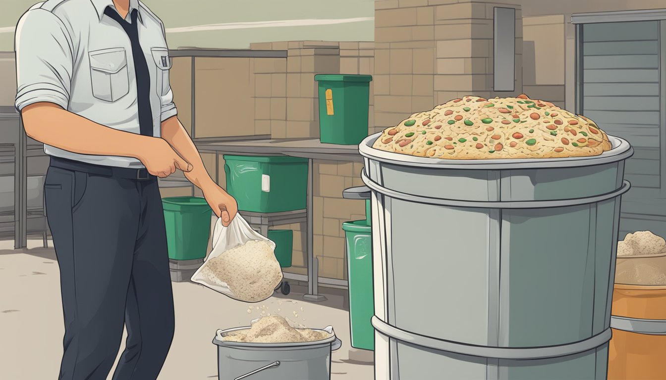 A person throwing away an expired pizza dough mix into a trash can