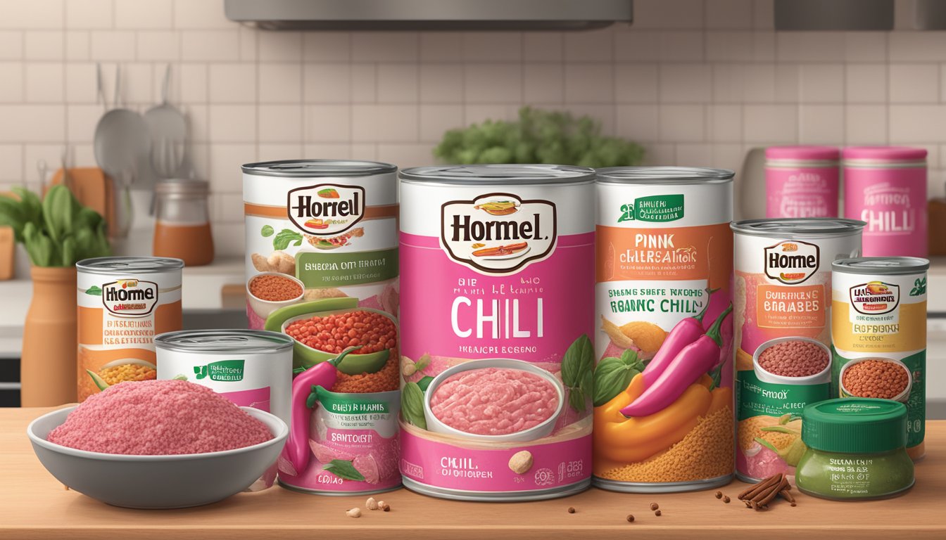 A can of pink Hormel chili sits on a kitchen counter, surrounded by various spices and ingredients. The label is prominently displayed, indicating the contents within