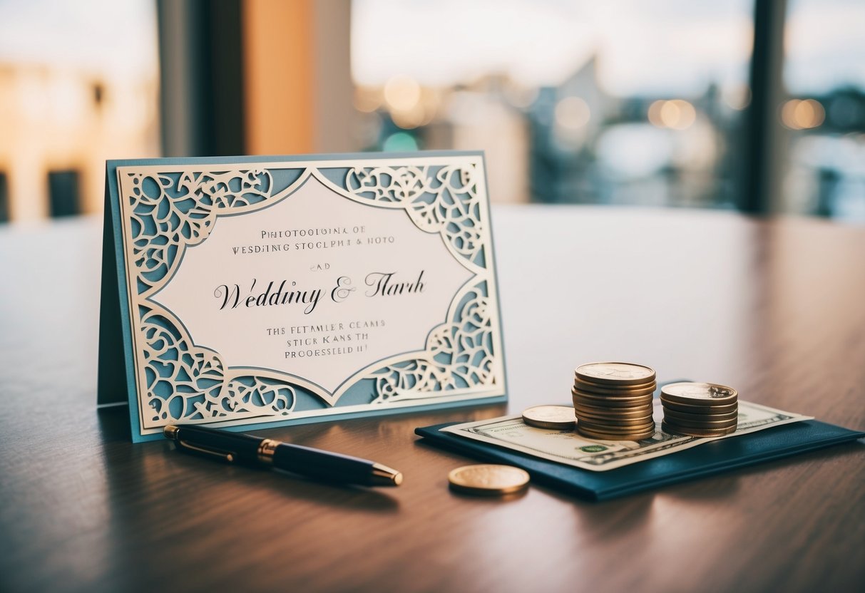 A table with a decorative wedding card, a pen, and a stack of cash and coins