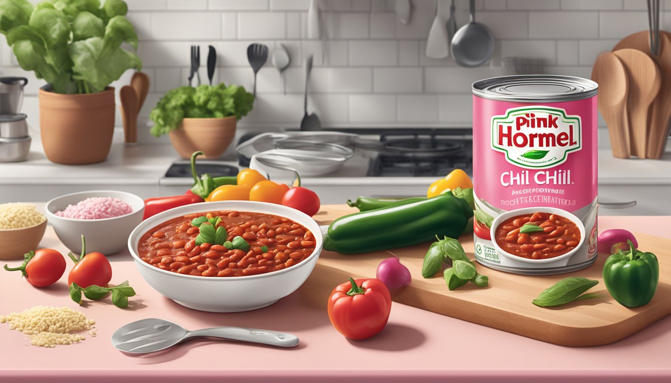 A can of pink Hormel chili sits on a clean, well-lit kitchen counter, surrounded by fresh ingredients and cooking utensils