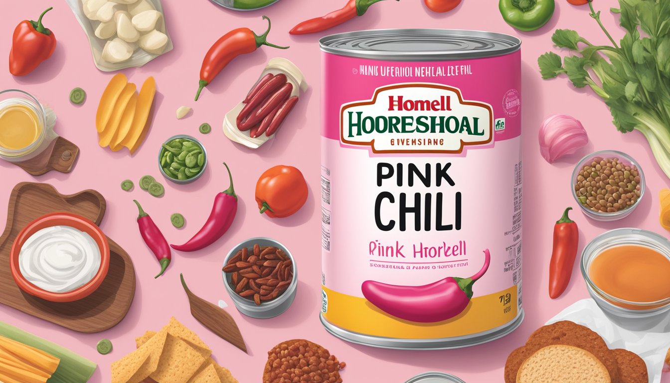 A can of pink Hormel chili surrounded by various food items and a nutrition label