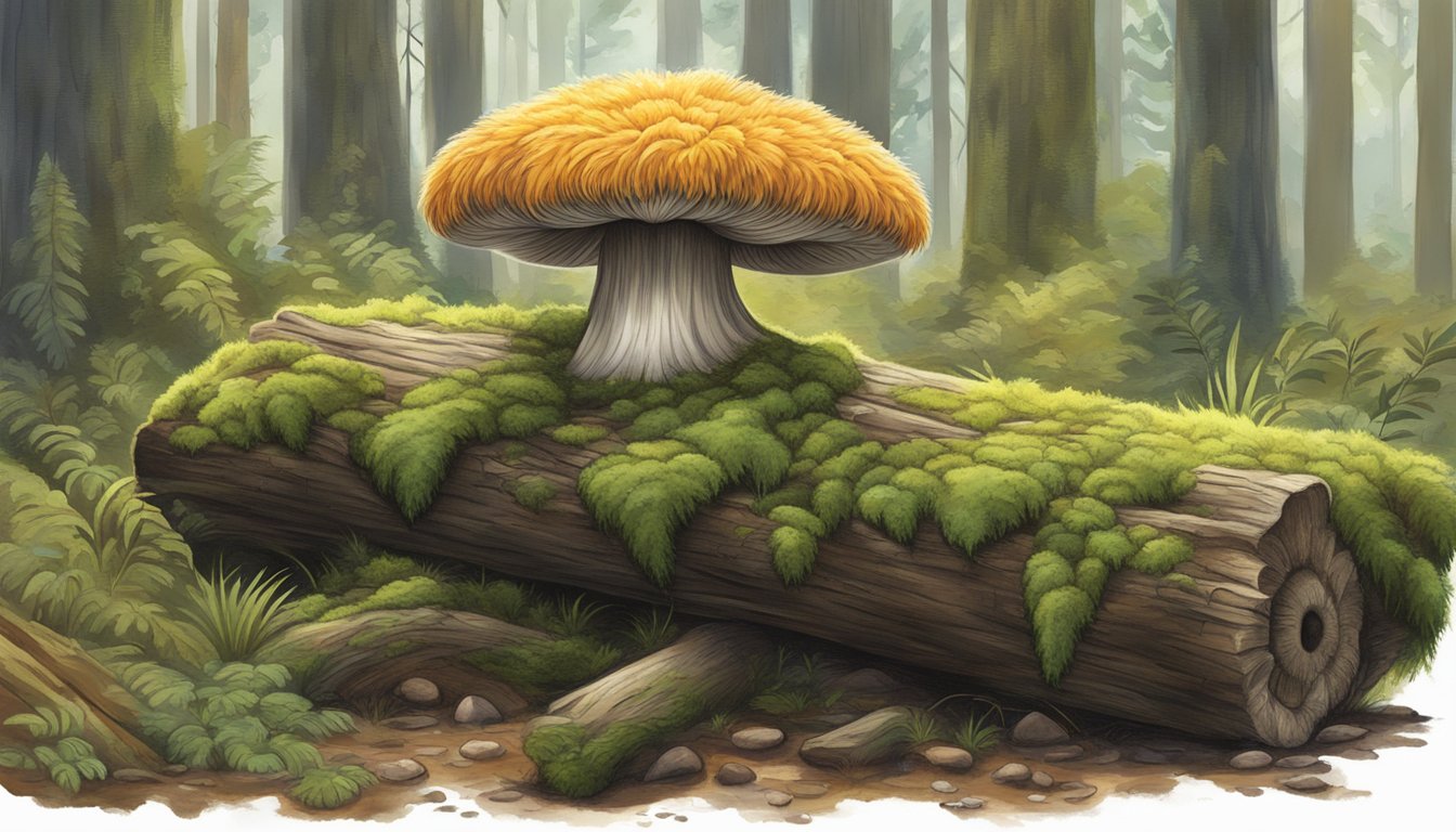 A lion's mane mushroom growing on a mossy log in a dense forest setting