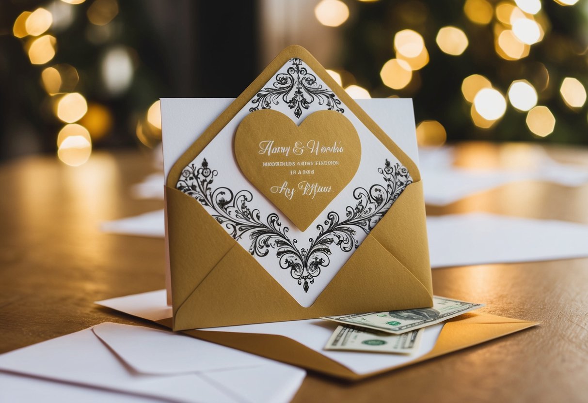 A wedding card with a decorative envelope and a monetary gift inside
