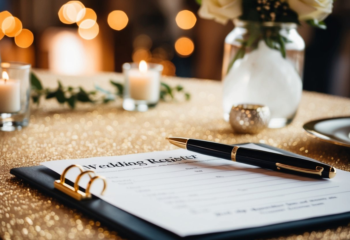 A pen hovers over an open wedding register on a decorated table
