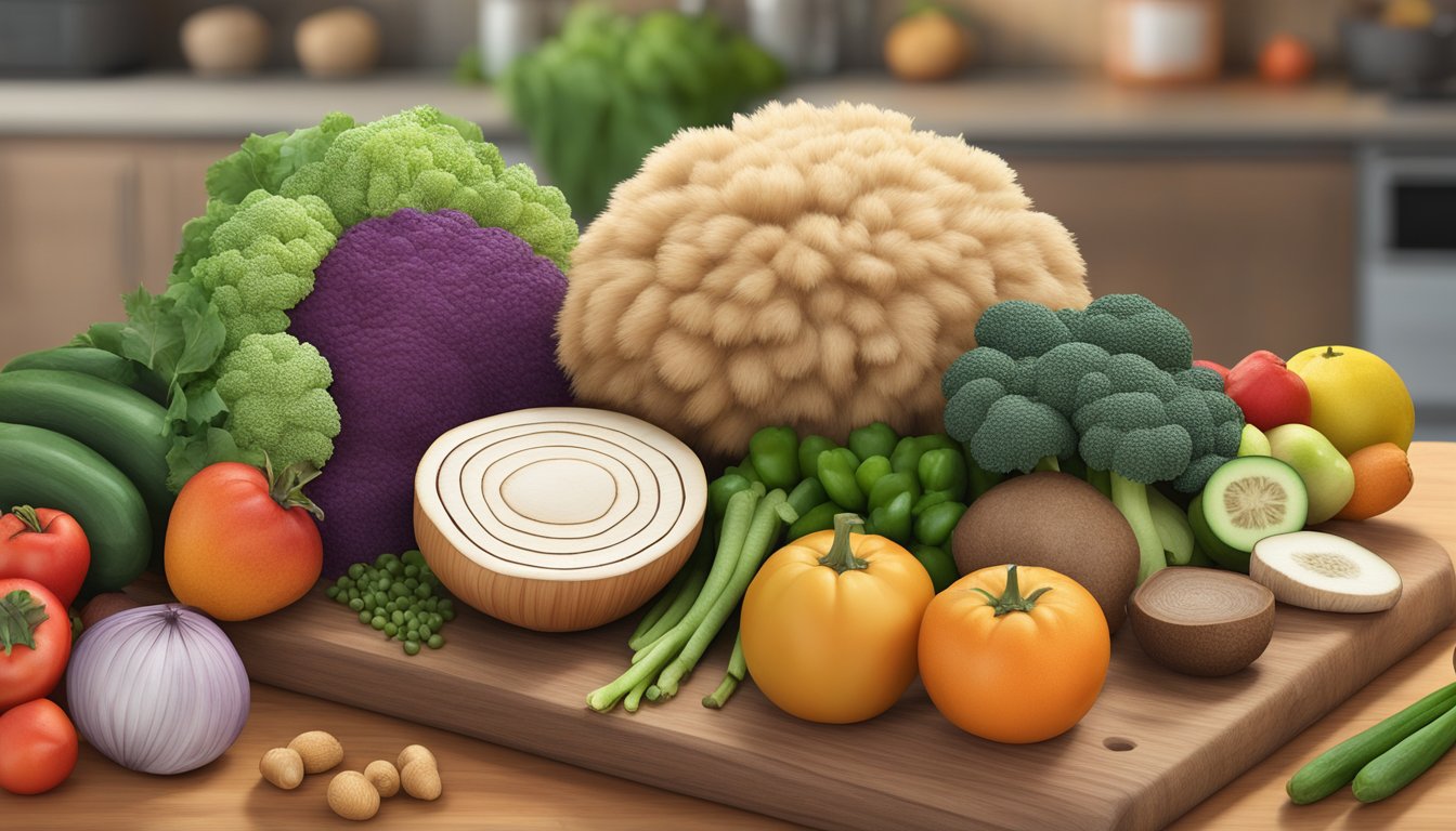 A lion's mane mushroom sits on a cutting board surrounded by various fruits and vegetables. A nutrition label is visible in the background