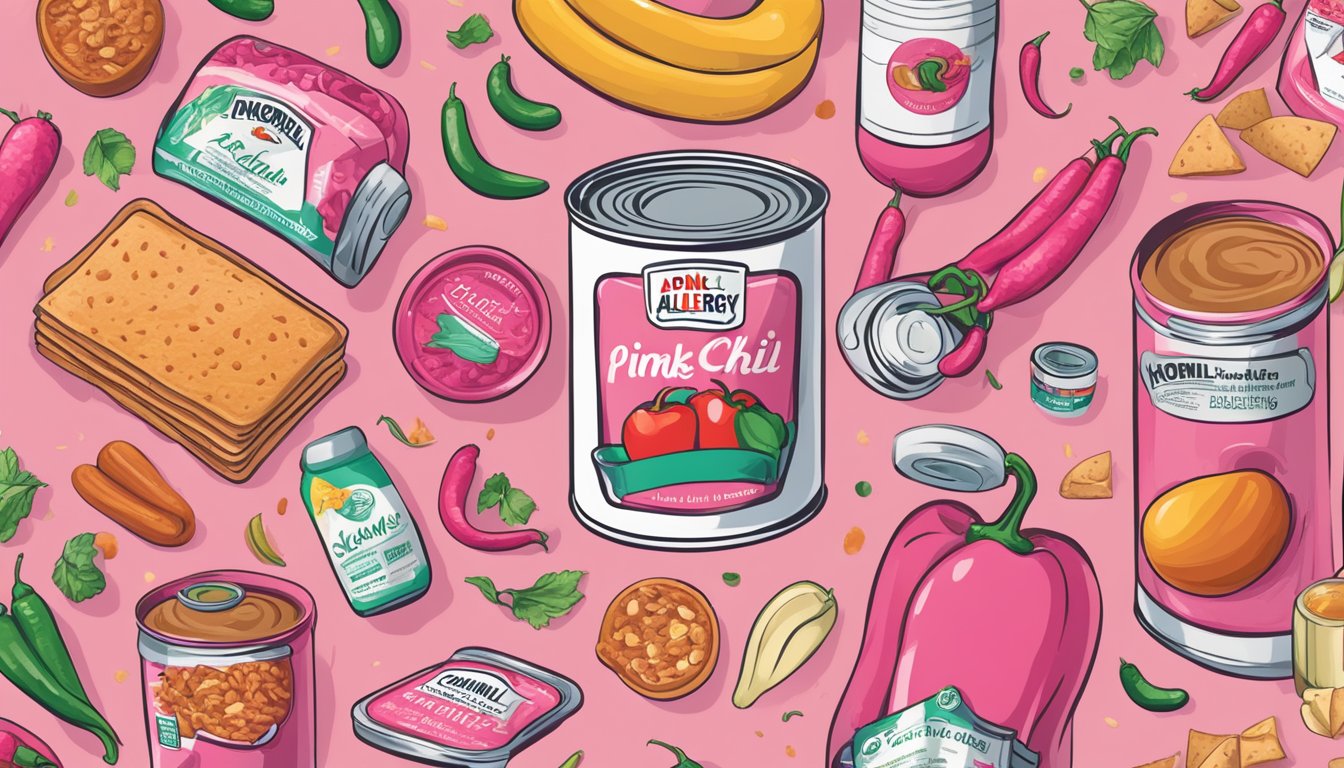 A can of pink Hormel chili surrounded by various food allergy symbols