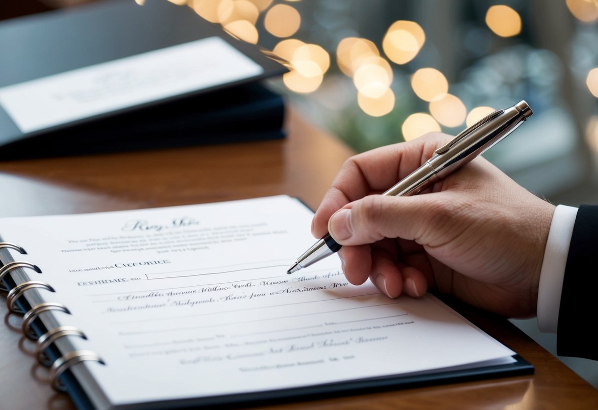 A pen poised over a wedding register, with the officiant's signature line awaiting completion