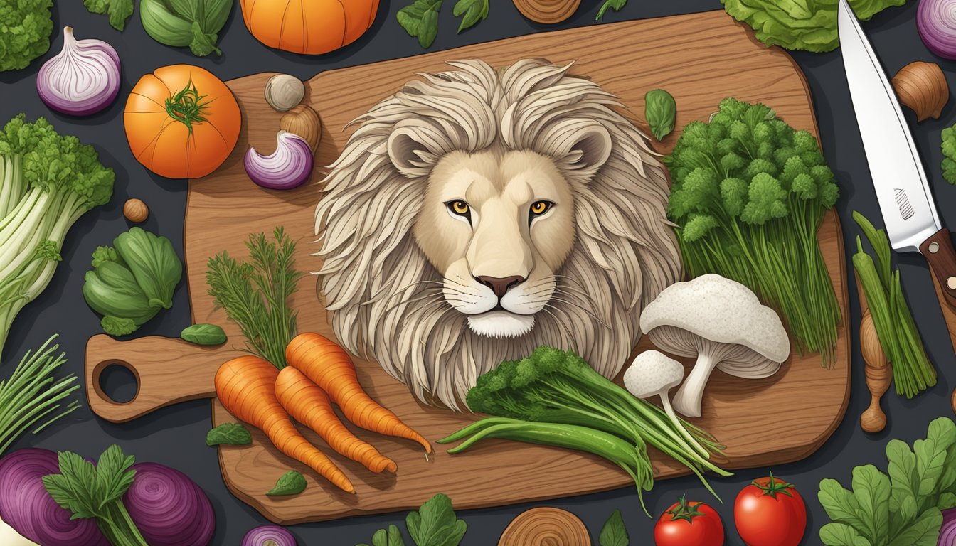 A lion's mane mushroom sits on a wooden cutting board, surrounded by various fresh vegetables and herbs. The mushroom is being sliced by a sharp knife, ready to be incorporated into a healthy meal