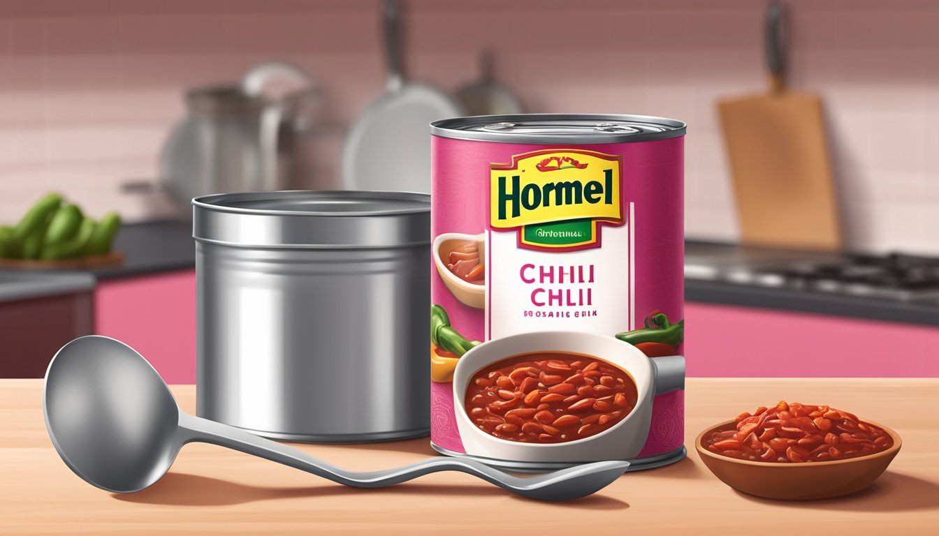 A can of Hormel chili sits on a clean, organized kitchen counter, next to a bowl and spoon. The chili inside is a rich, appetizing pink color