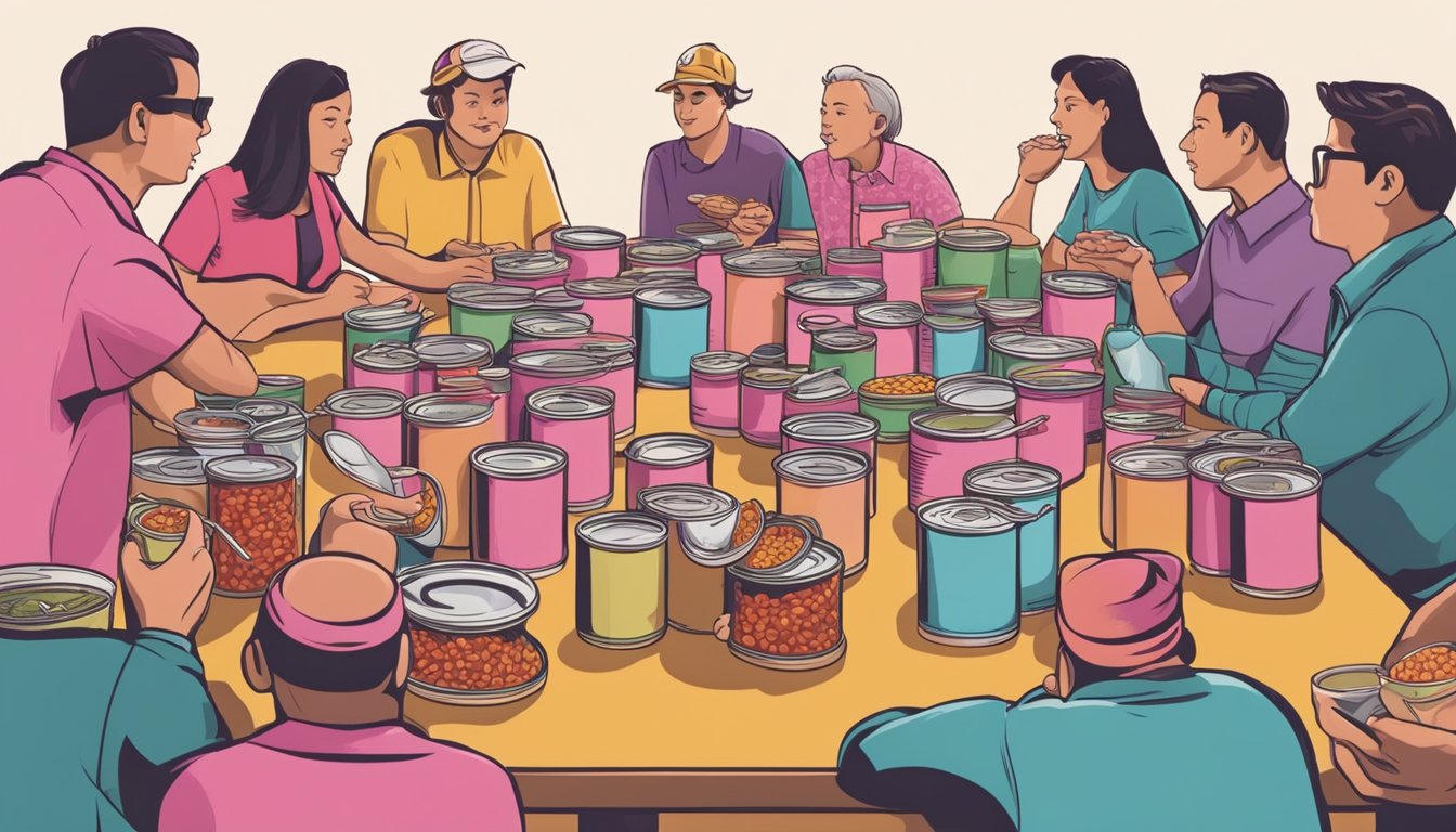 A table with various cans of chili, including pink Hormel chili, surrounded by concerned consumers and a food safety expert