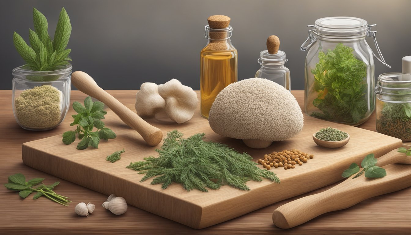 A lion's mane mushroom sits on a wooden cutting board, surrounded by various herbs and spices. A mortar and pestle are nearby, along with a modern medicine bottle and a traditional herbal remedy