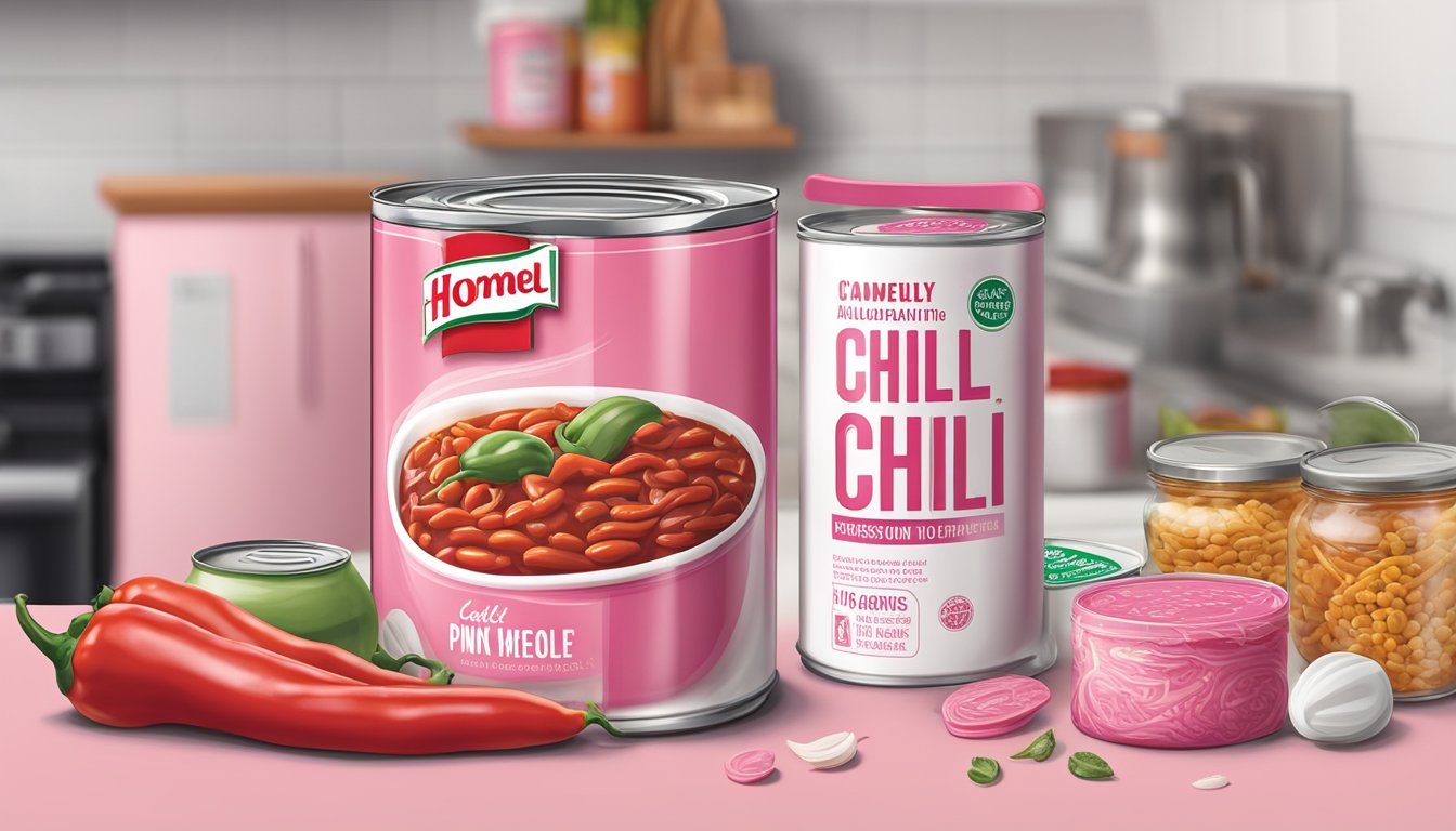 A can of pink Hormel chili sits on a clean, white countertop, surrounded by various food safety symbols and labels