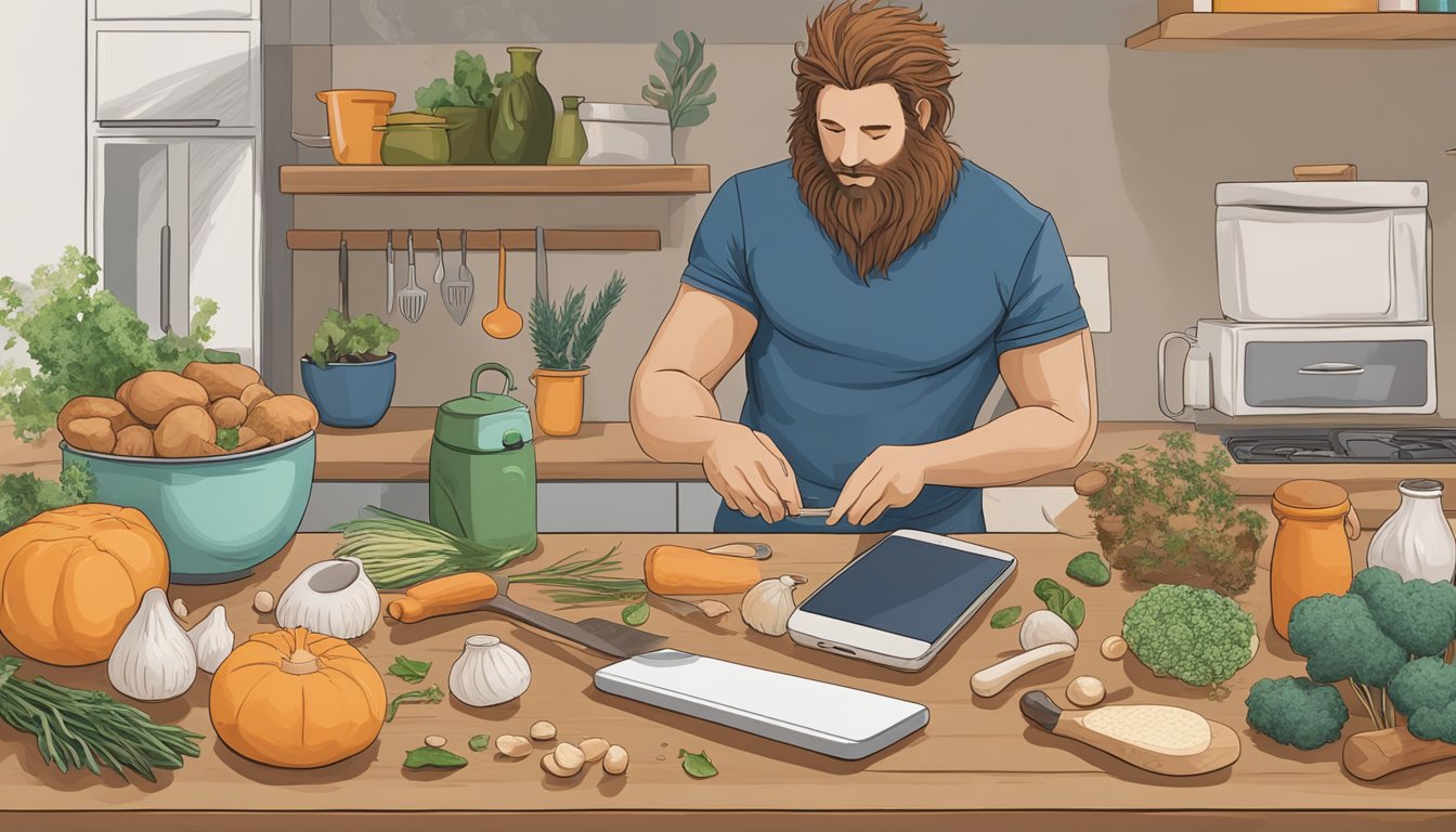 A lion's mane mushroom sits on a wooden cutting board, surrounded by various kitchen utensils and ingredients. A person looks up information on their phone while considering the potential side effects of consuming the mushroom