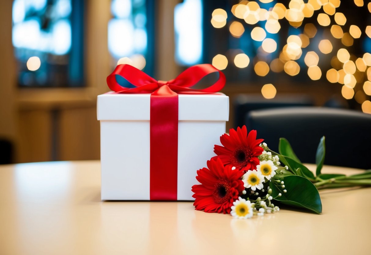 A gift box with a ribbon and flowers on a table