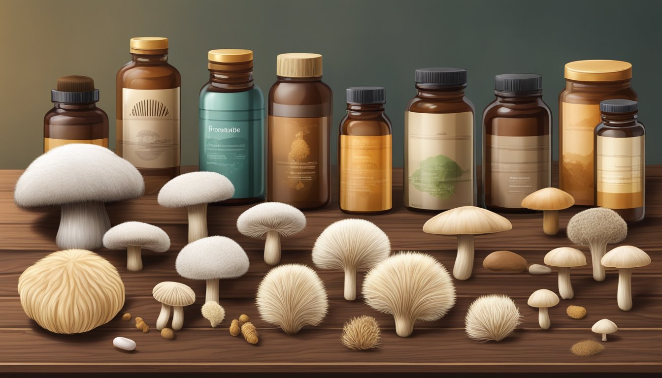 A variety of lion's mane mushrooms in different forms, such as powder, capsules, and tinctures, displayed on a wooden table