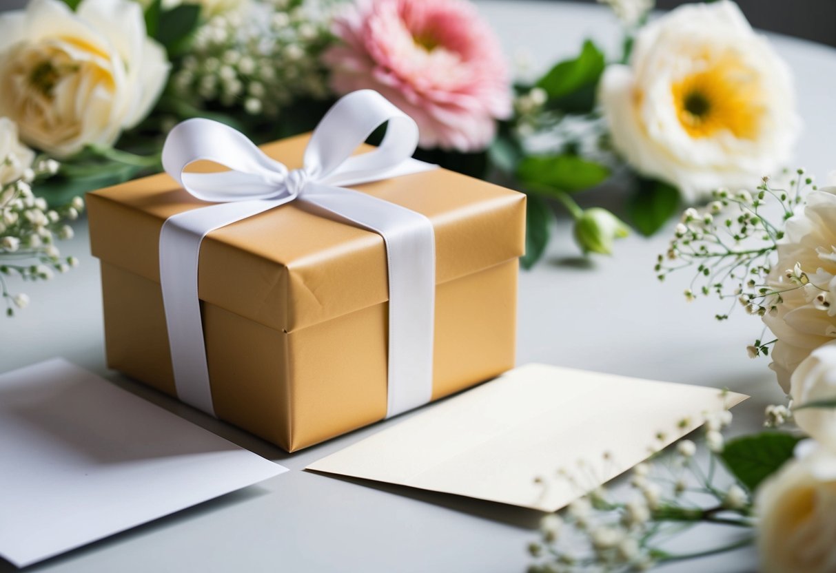 A beautifully wrapped gift box with a ribbon, placed on a table next to a card and surrounded by elegant floral decorations