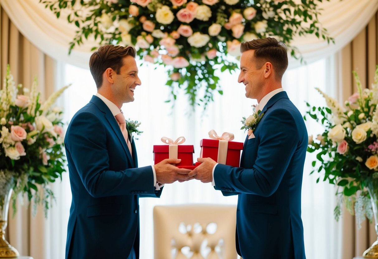 A bride and groom exchanging gifts, surrounded by flowers and wedding decorations
