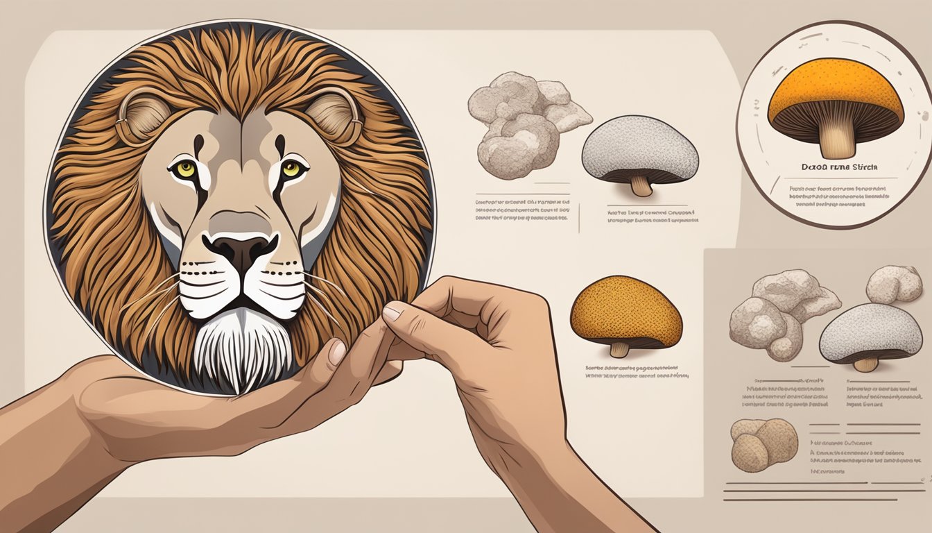 A hand holding a lion's mane mushroom with dosage instructions in the background