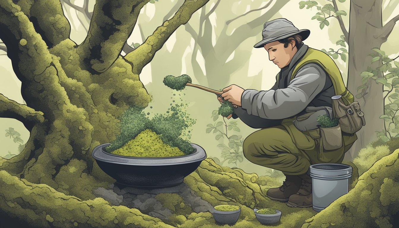 A person gathering lichen from a tree branch, with a mortar and pestle nearby for grinding into a powder