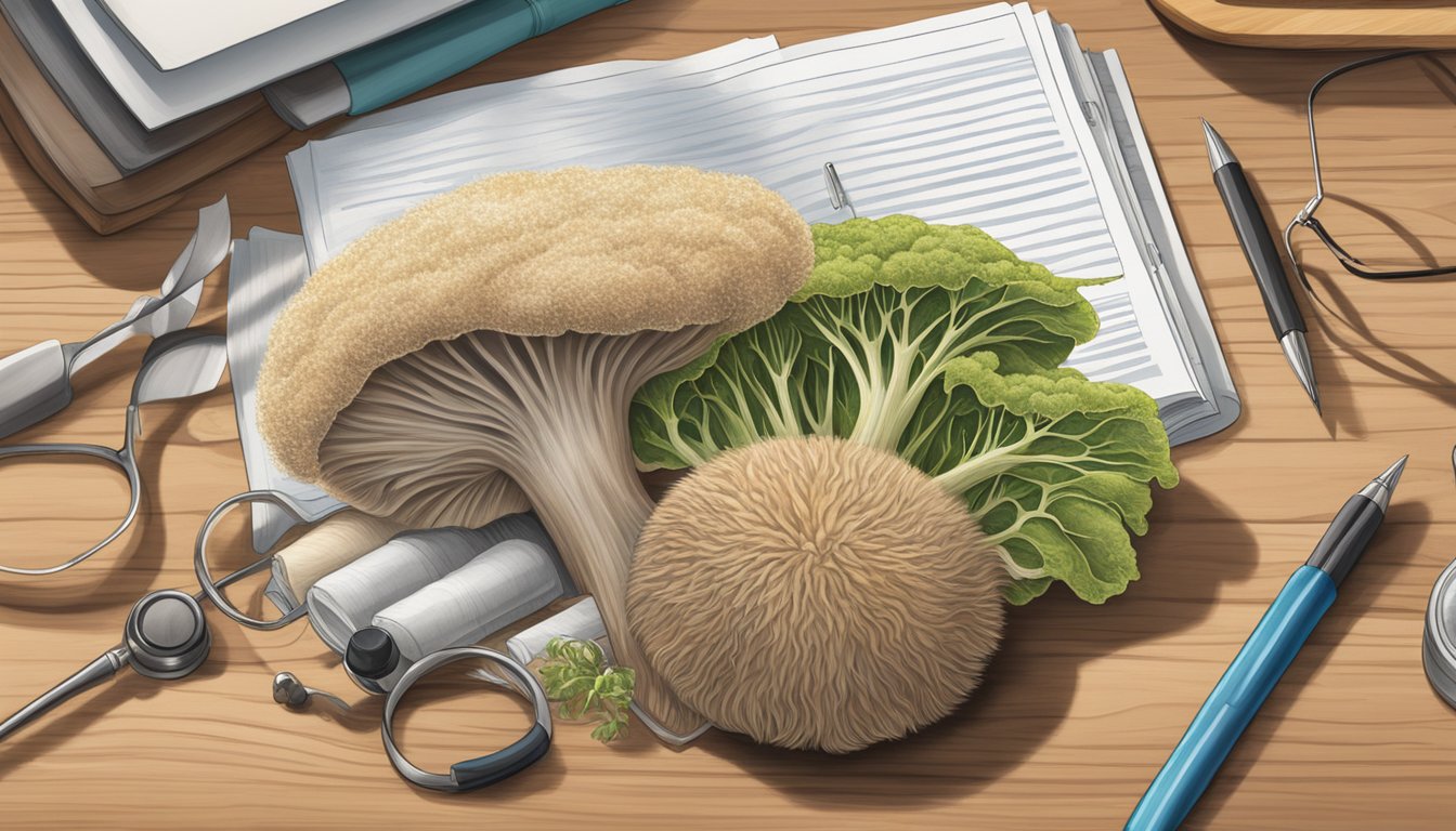 A lion's mane mushroom sits on a wooden cutting board, surrounded by various research articles and medical journals