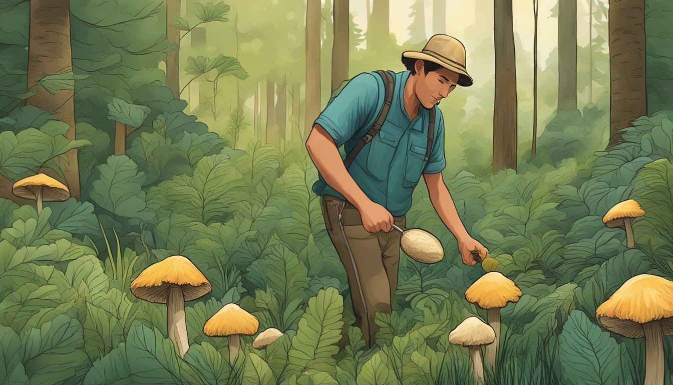 A person picking lion's mane mushrooms in a lush forest clearing