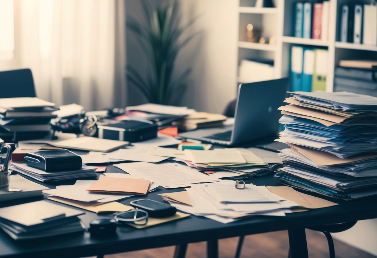 A cluttered table with mismatched items, scattered papers, and a disorganized pile of files