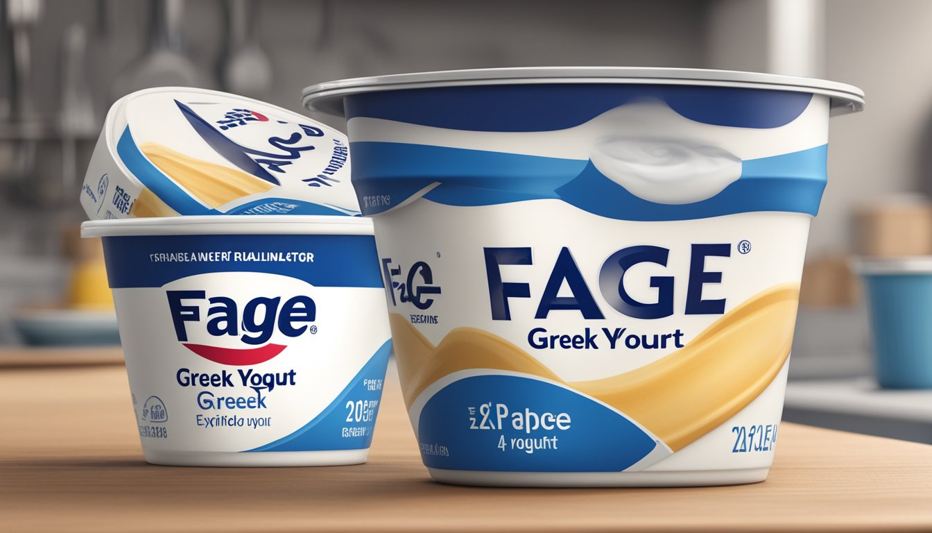 A carton of expired Fage Greek yogurt sits on a kitchen counter, with a visible expiration date and a slightly bulging lid