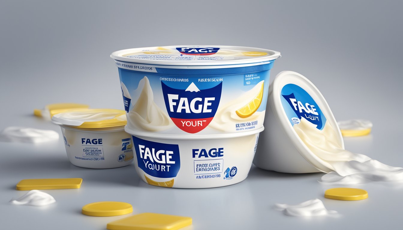 A carton of expired Fage Greek yogurt with a prominent expiration date on the label, surrounded by caution signs