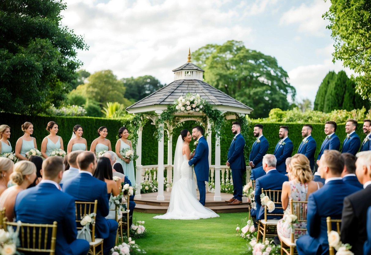 A wedding ceremony taking place in a lush garden with a beautiful gazebo decorated with flowers and greenery, surrounded by happy and dressed-up guests