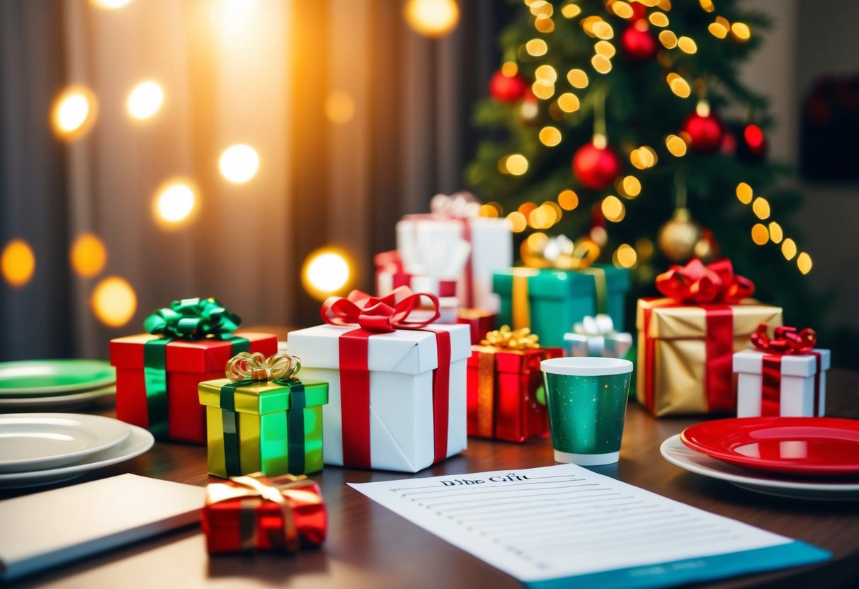 A cluttered table with mismatched gift items and a disorganized list
