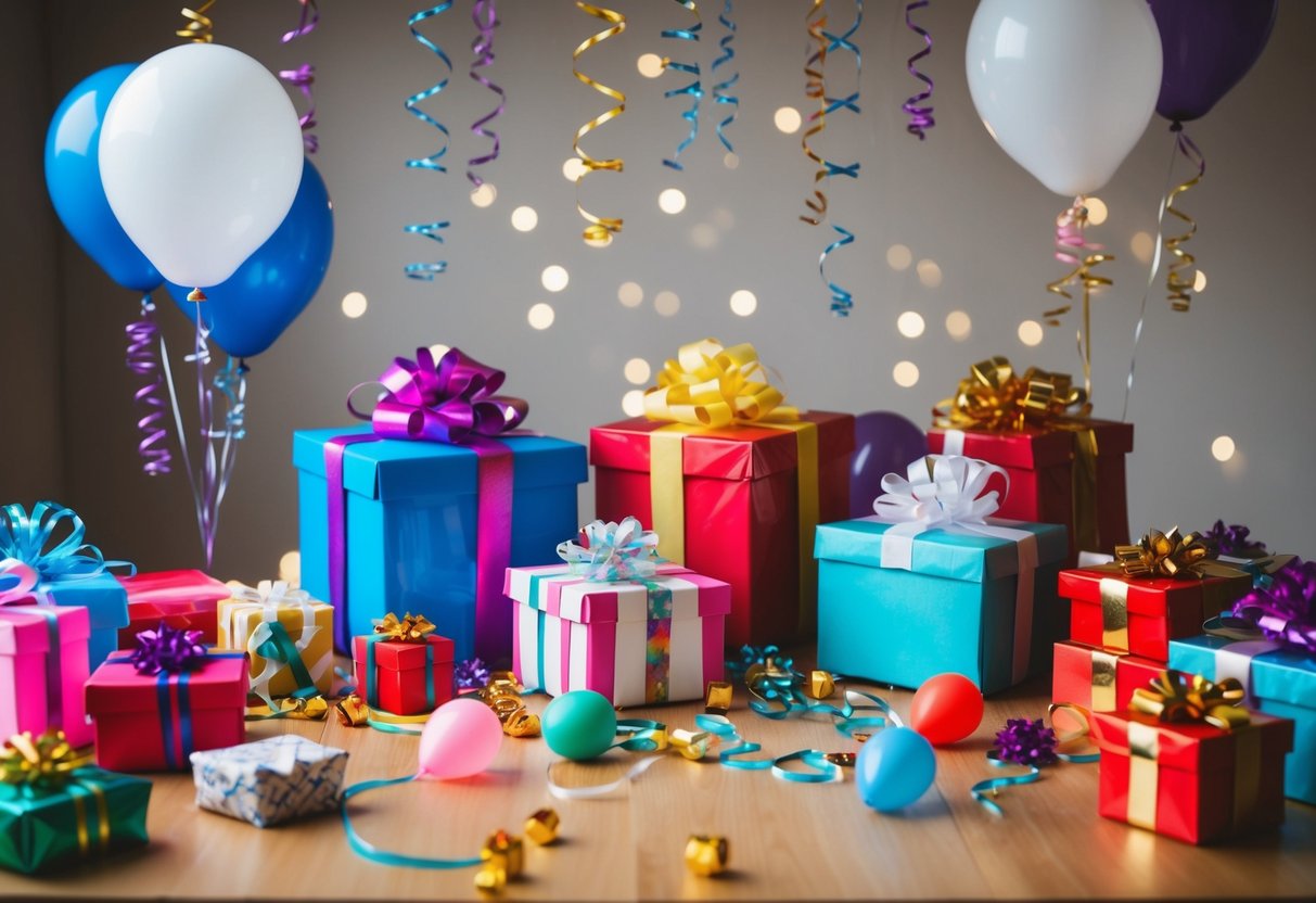 A cluttered table with mismatched gifts, balloons, and streamers strewn about. A sense of chaos and disorganization