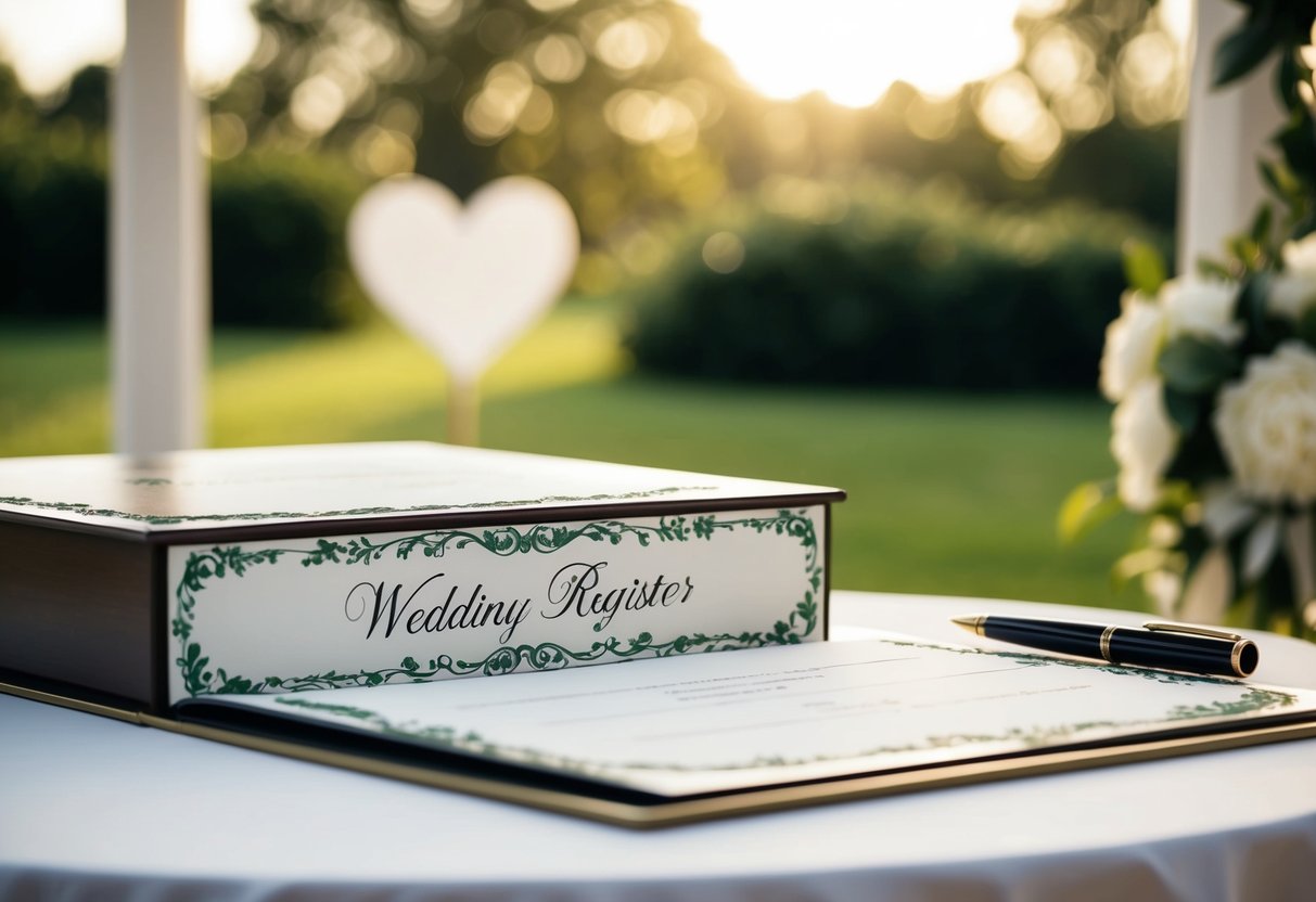 A beautifully decorated wedding register resting on a table, with a pen placed next to it