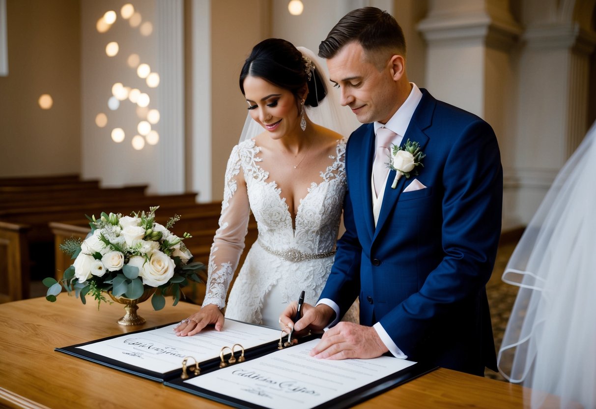 Two witnesses stand beside the ornate wedding register, ready to sign. The bride and groom's names are elegantly inscribed on the page