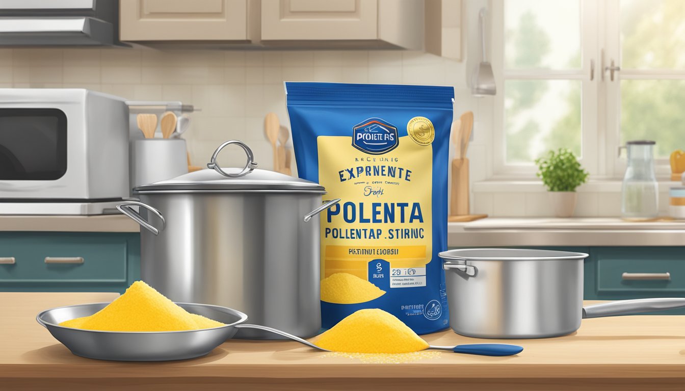 A bag of expired polenta sits on a kitchen counter, next to a pot and stirring spoon. The expiration date is clearly visible on the packaging