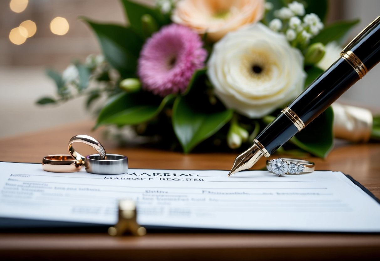 A pen poised above the marriage register, with two rings nearby and a bouquet of flowers in the background