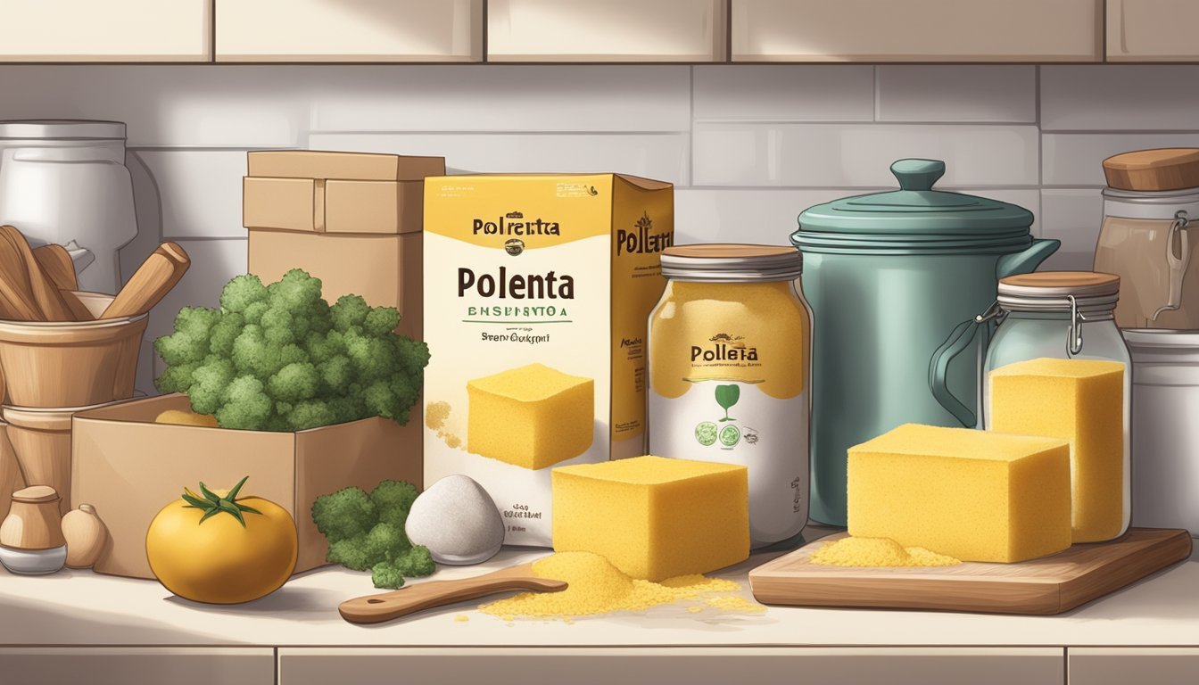 A package of polenta with a faded expiration date sits on a kitchen shelf, surrounded by other dry goods and cooking utensils