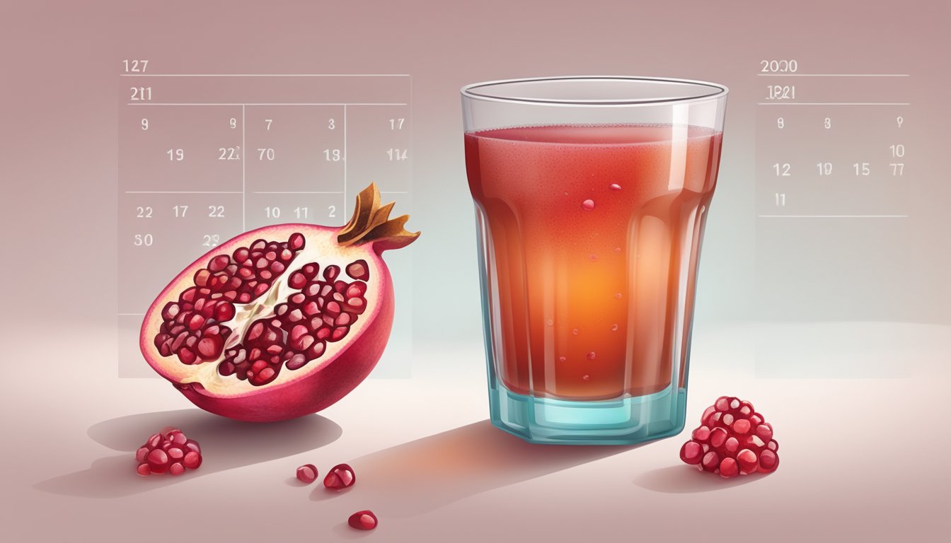 A clear glass of expired pomegranate juice with mold floating on the surface, next to a calendar showing the expiration date