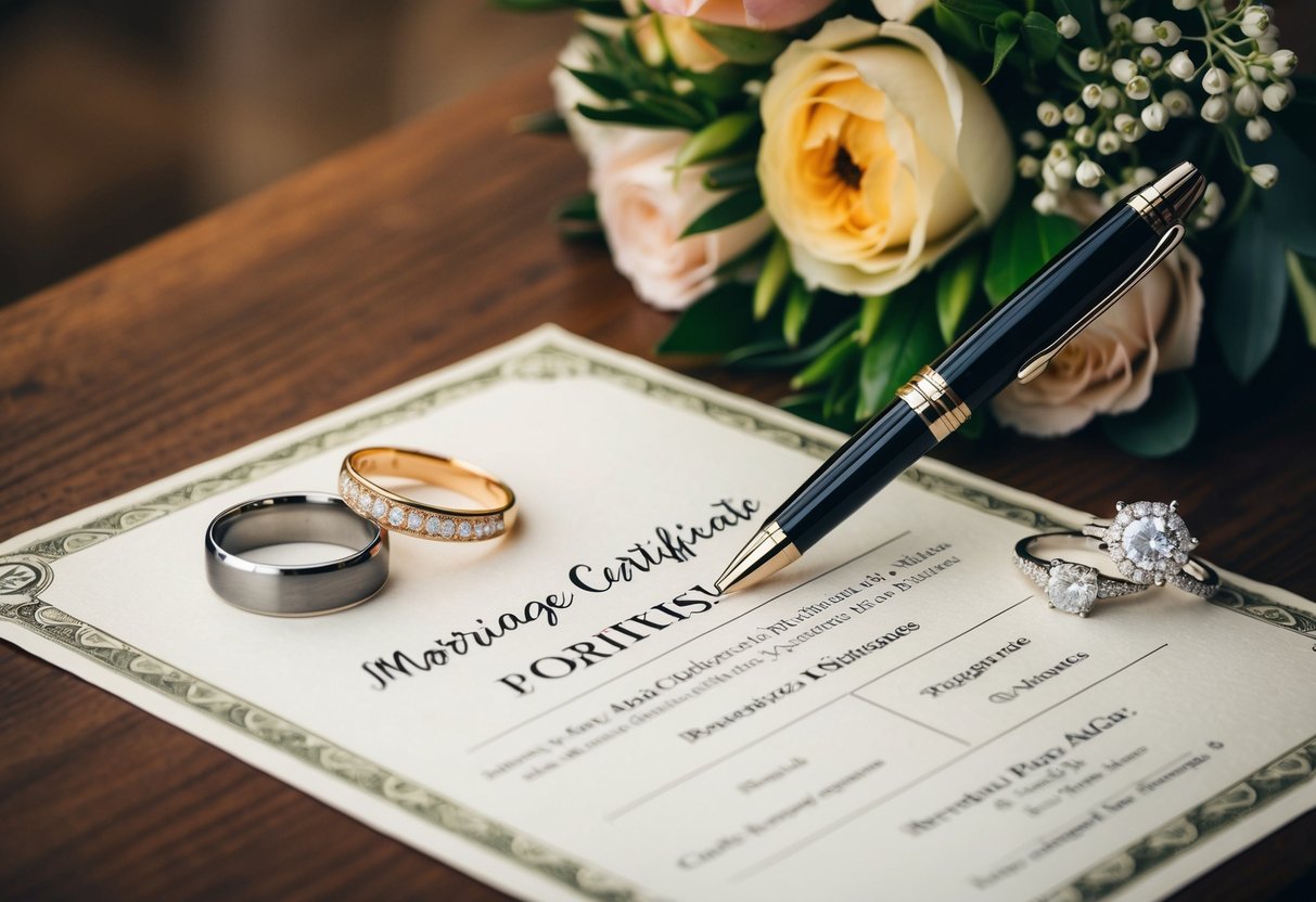 A pen poised over a marriage certificate on a wooden table, surrounded by a bouquet of flowers and two elegant wedding rings