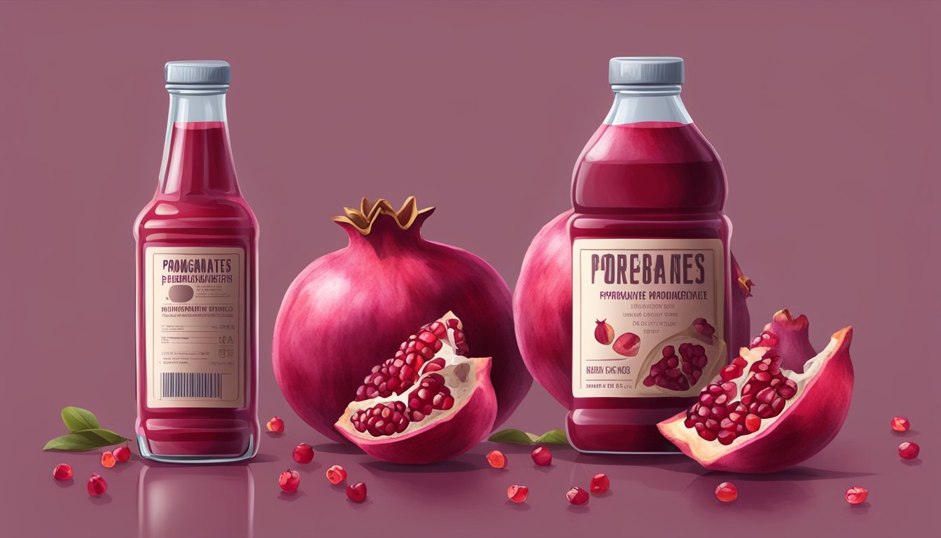 A bottle of expired pomegranate juice with a visible expiration date and a warning label, surrounded by wilted and moldy pomegranates