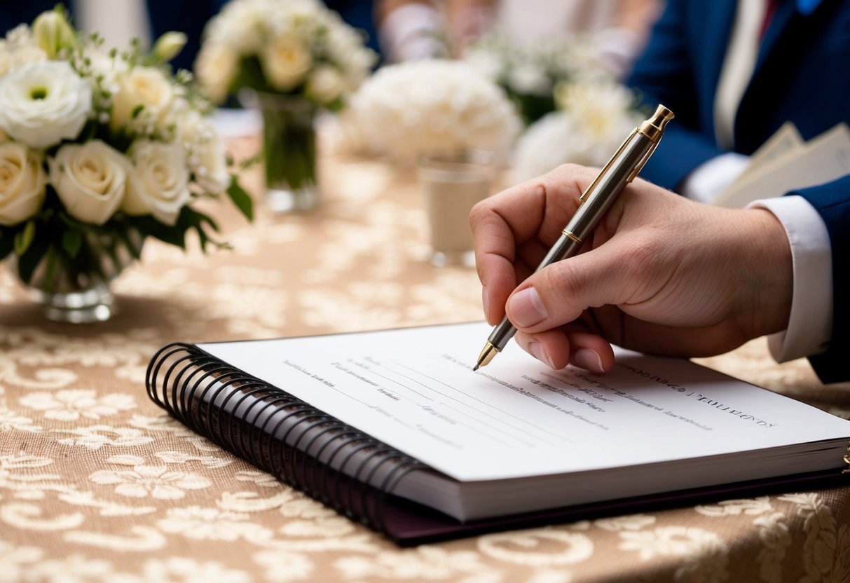 A hand holding a pen hovers over a wedding registry book on a decorated table in a traditional wedding setting