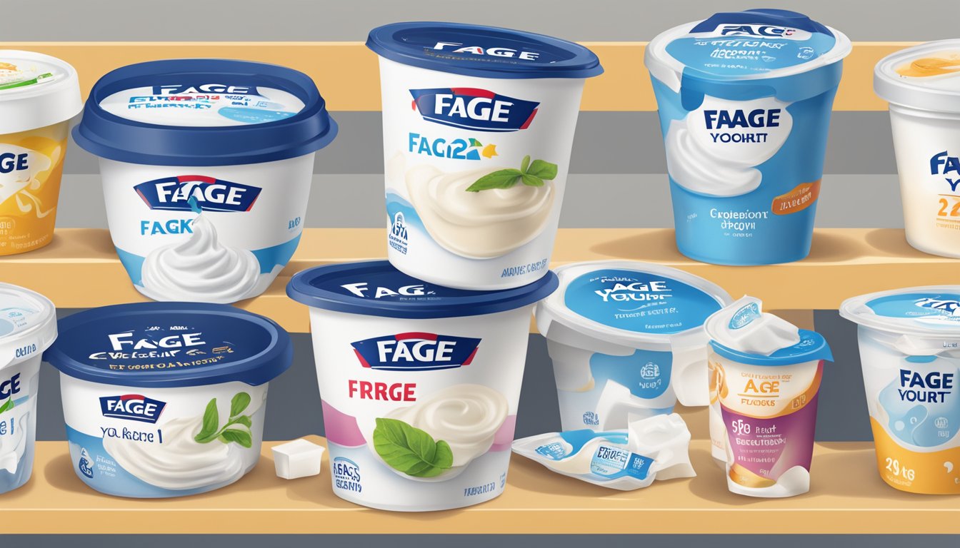 A carton of expired Fage Greek yogurt sits next to other dairy products, with a visible expiration date and a question mark above it