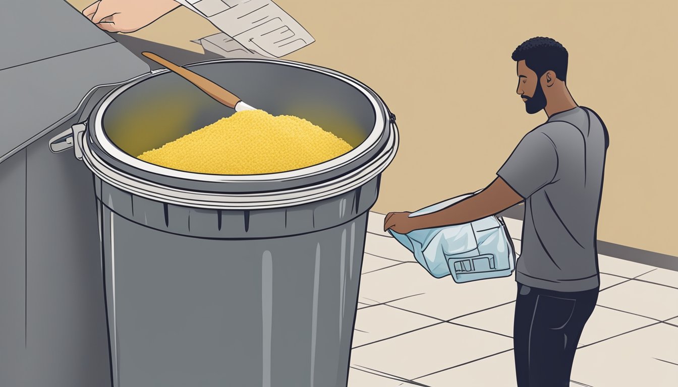 A person discarding expired polenta into a trash bin, while a label on the package indicates proper storage techniques