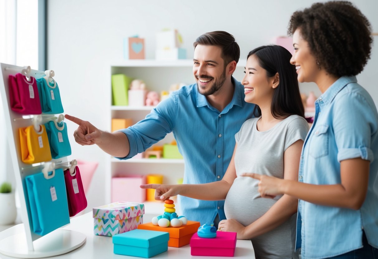 A smiling couple pointing to a baby registry with colorful items displayed, gesturing to friends and family to consider purchasing gifts
