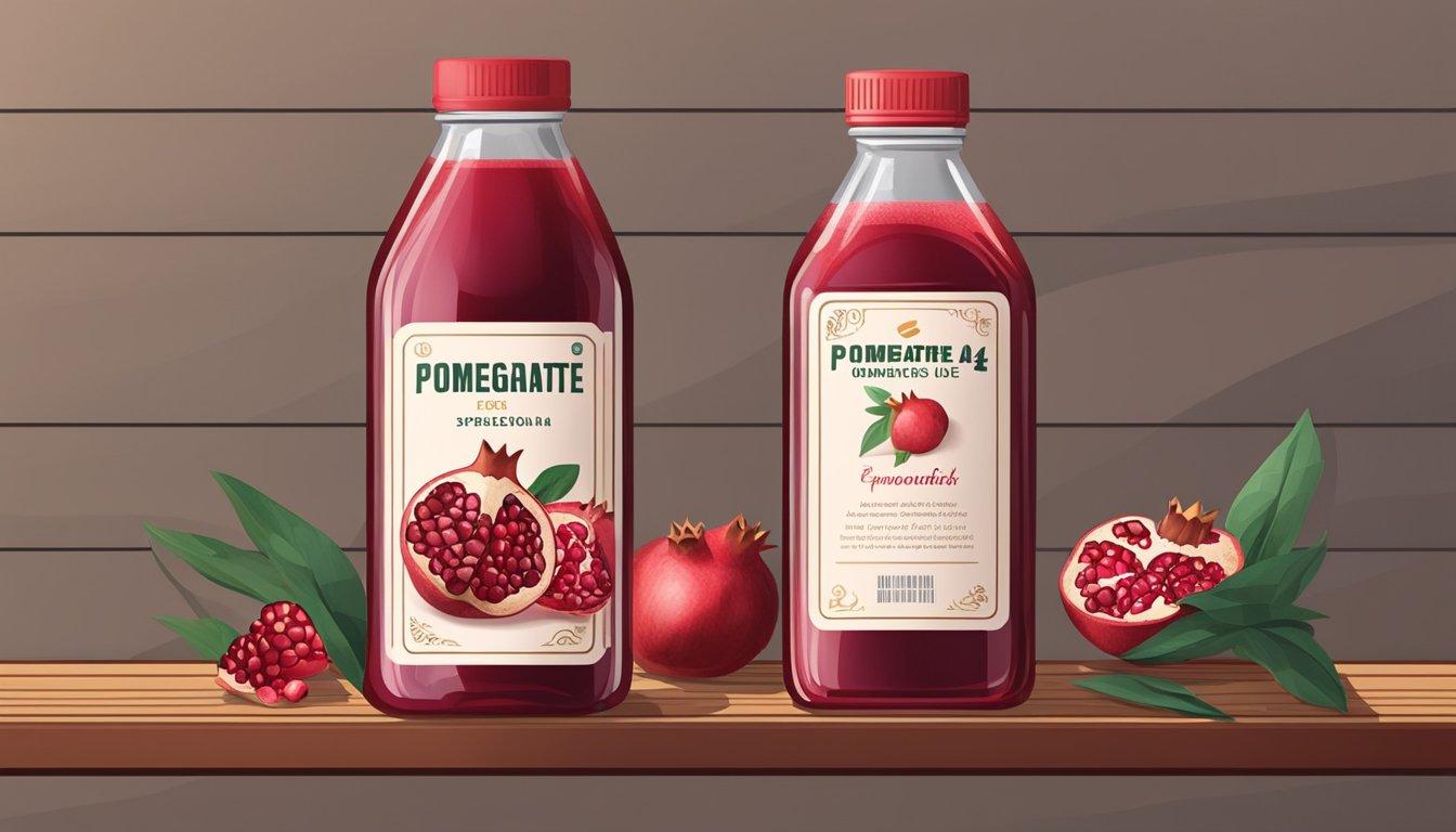 A glass bottle of pomegranate juice sits on a shelf, surrounded by other bottles. The label indicates an expiration date