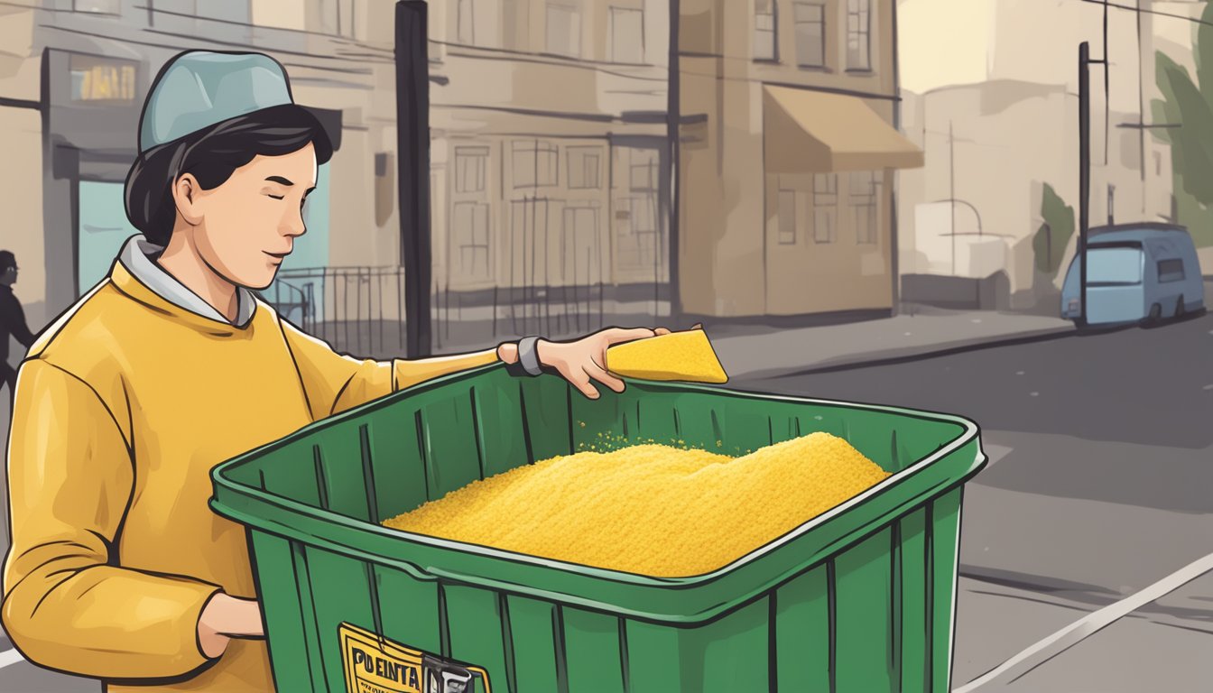 A person discarding expired polenta into a trash bin while holding a new package of polenta