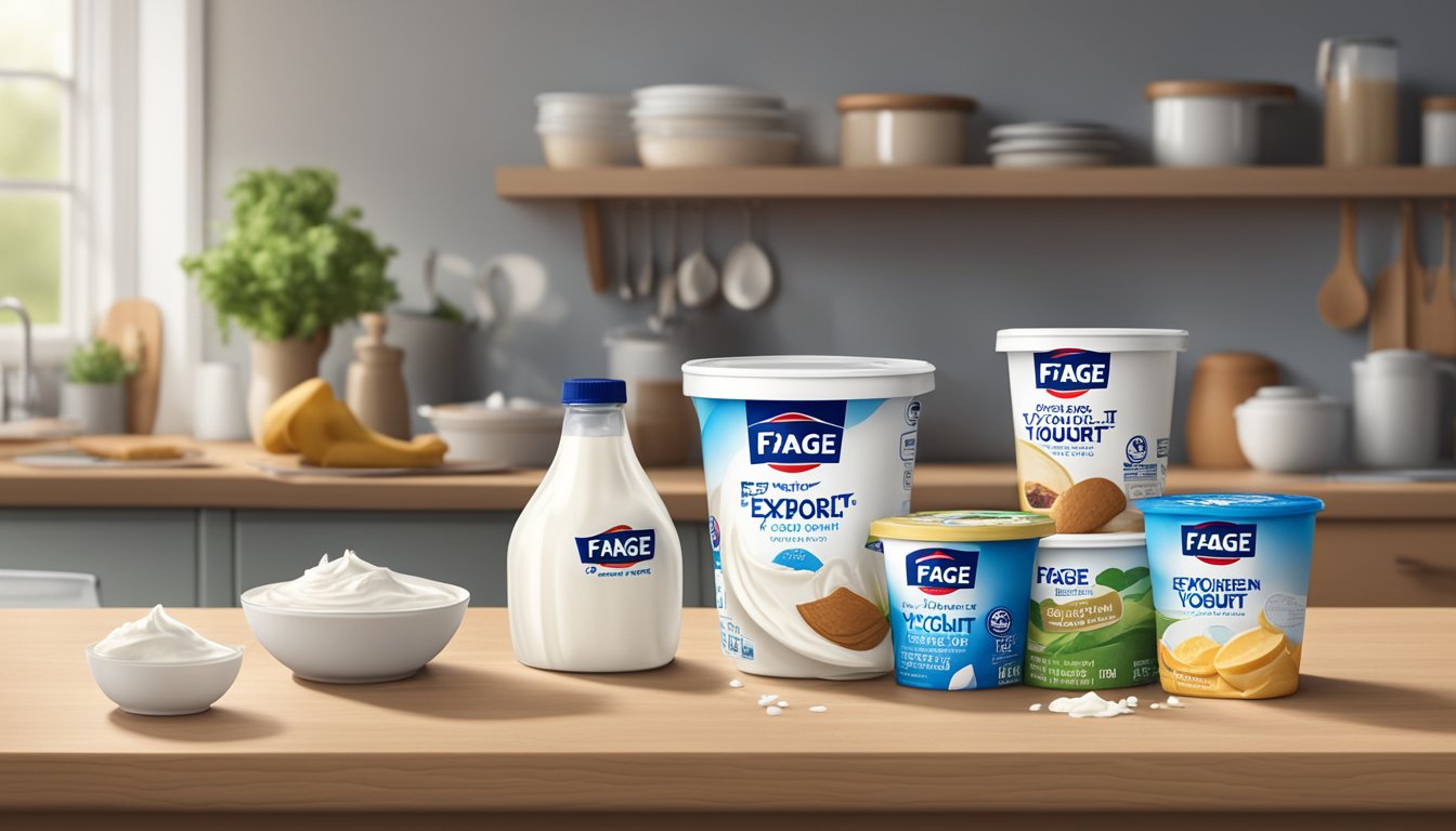 A carton of expired Fage Greek yogurt sits on a kitchen counter, surrounded by other food items. The expiration date is clearly visible on the packaging