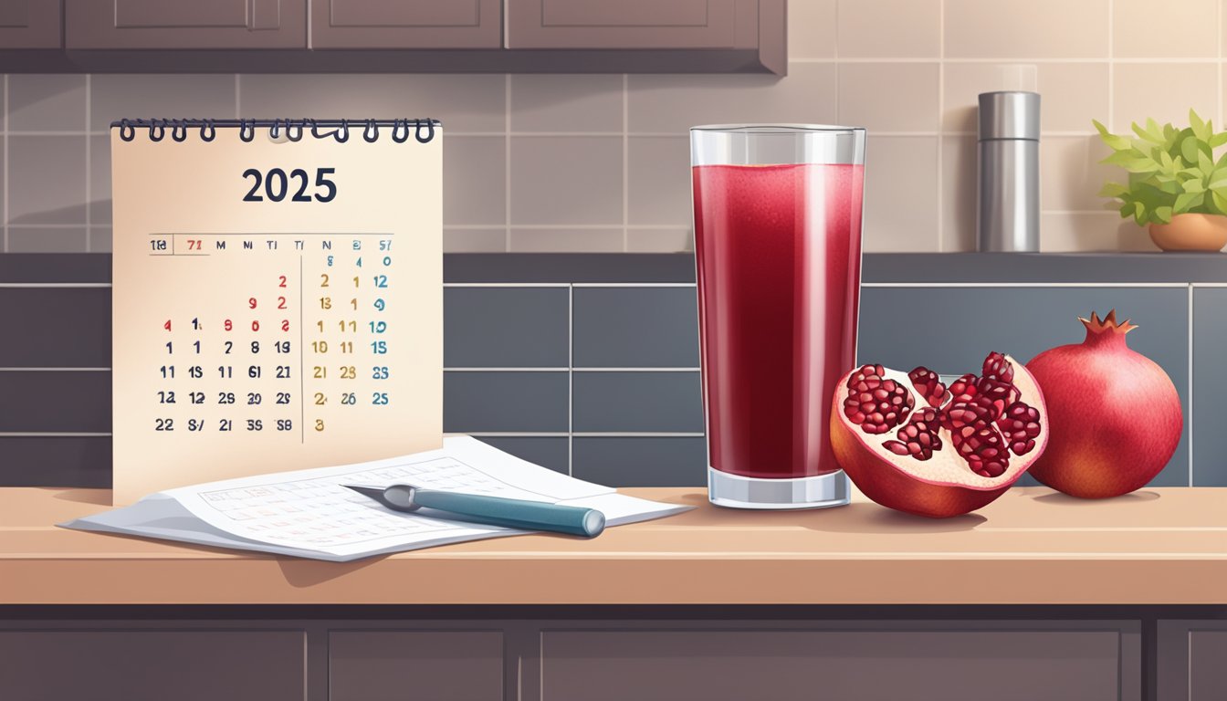 A glass of expired pomegranate juice on a kitchen counter, with a calendar showing the expiration date in the background